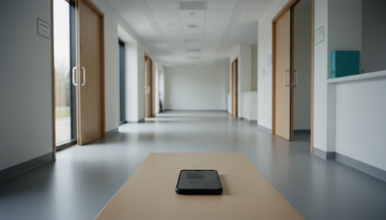 A smartphone lies on a wooden table in the foreground of an empty, modern hospital corridor with open doors.