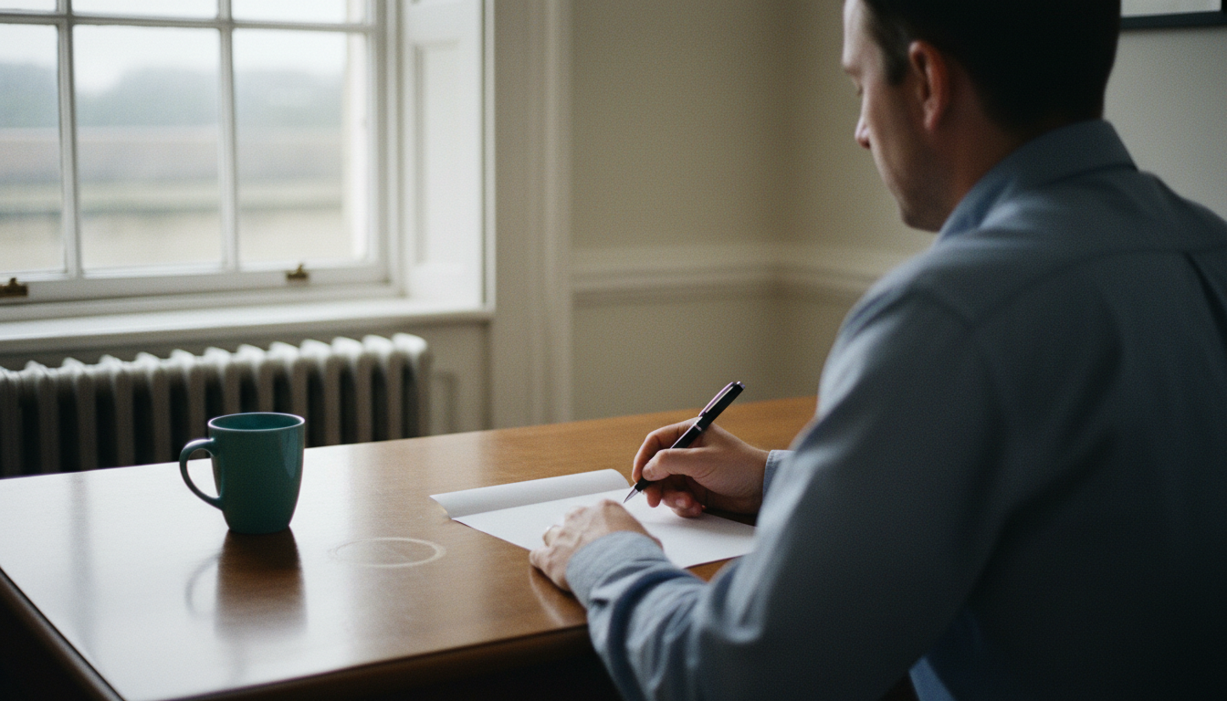 A consultant in a blue shirt sits at a wooden desk, writing on a sheet of paper next to a teal mug in a quiet office.