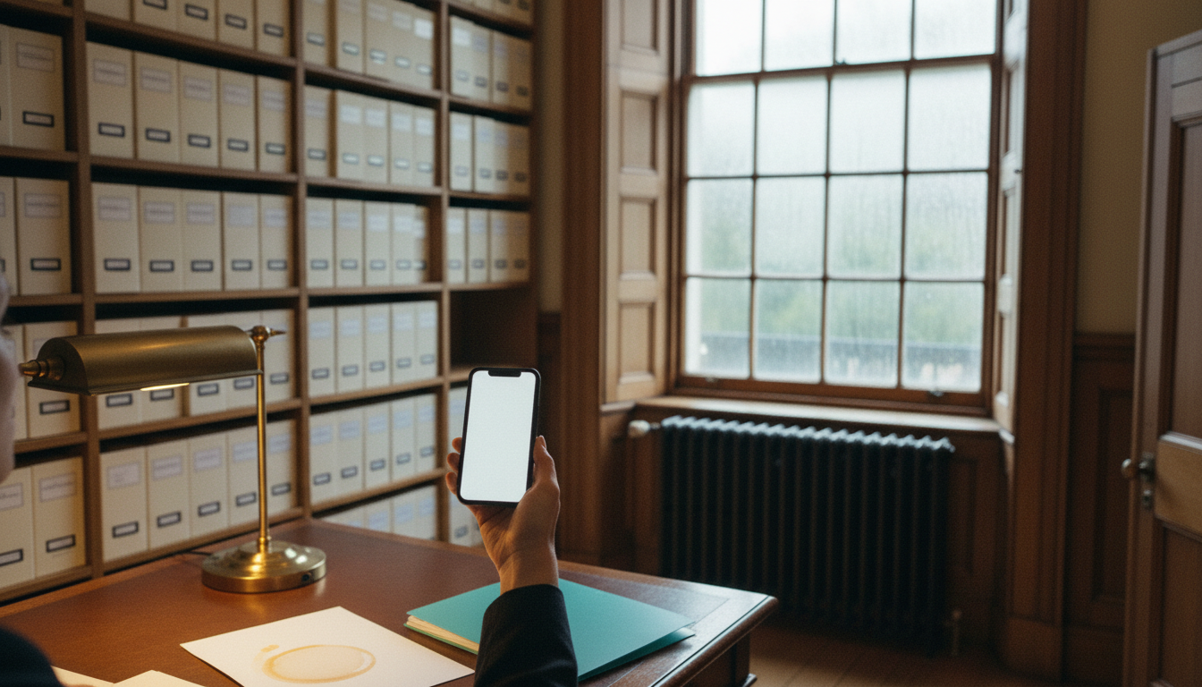 An office worker holds a blank smartphone over a desk in a wood-panelled records room filled with archive boxes.