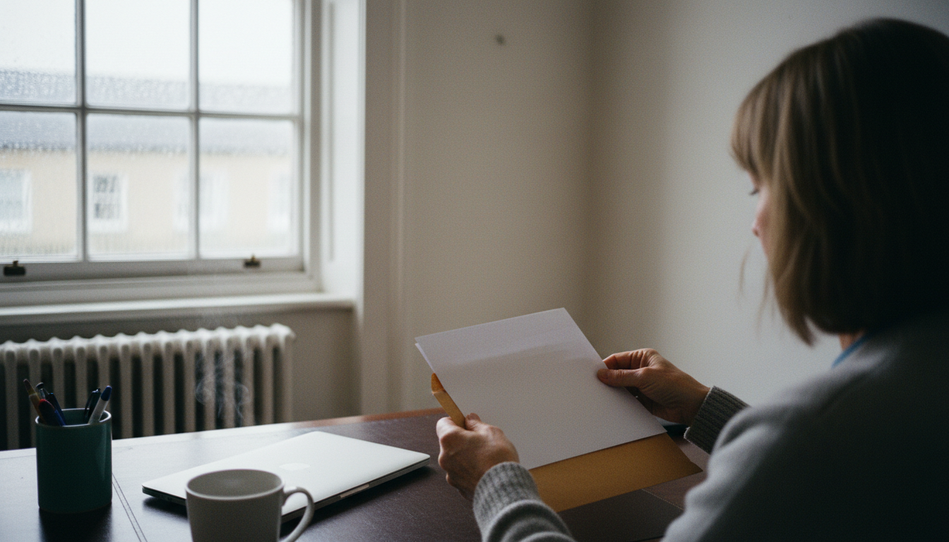 An office worker sits at a wooden desk inserting blank paper into a manila envelope beside a closed laptop and mug.