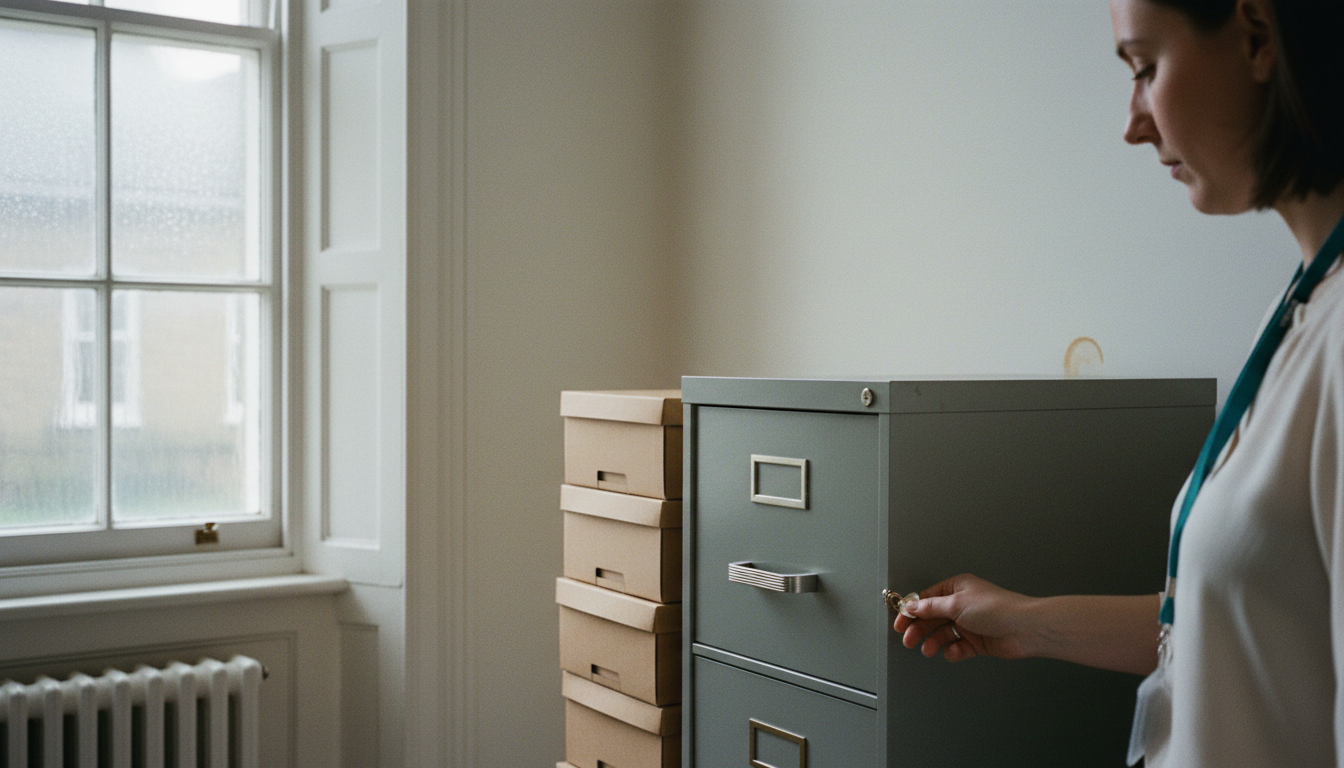 A clinic worker unlocks a grey steel filing cabinet beside a stack of cardboard archive boxes near a bright sash window.