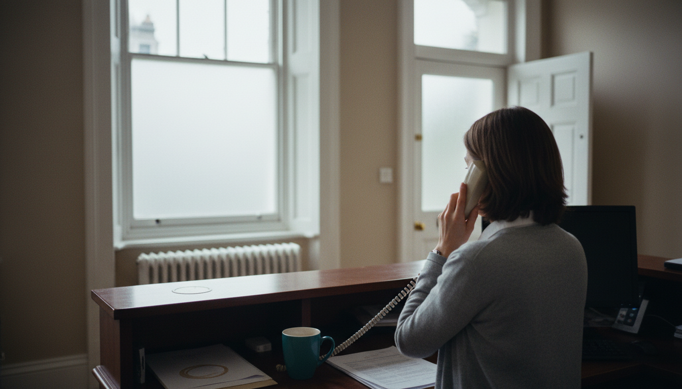 A receptionist stands behind a wooden counter, speaking on a desk phone while looking towards a frosted glass door in a clinic lobby.