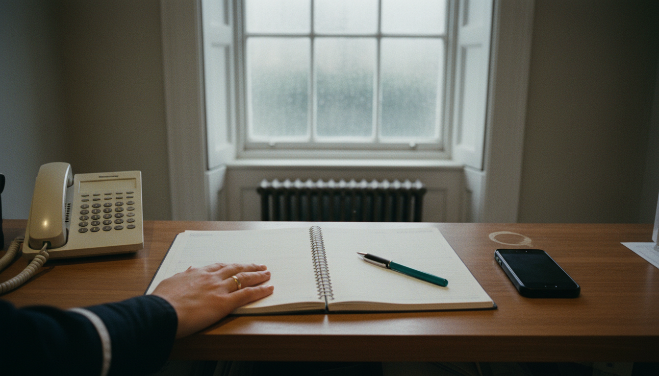 A person's hand rests on a blank open diary on a wooden desk next to a telephone and mobile phone in front of a window.