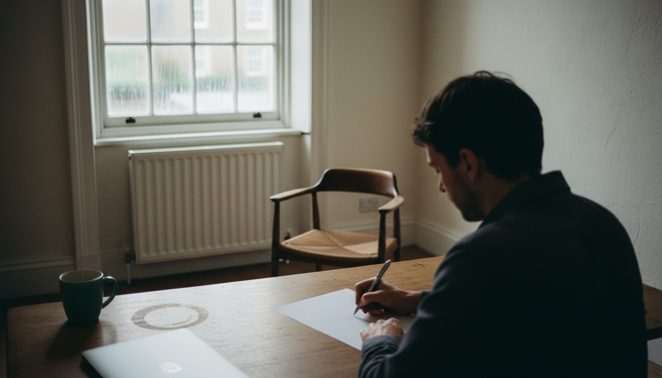 A consultant sits at a wooden desk writing on a piece of paper in a quiet office with an empty chair opposite.