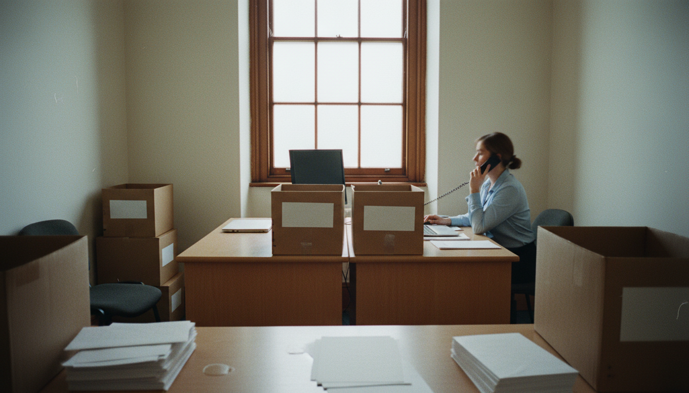 An office worker sits at a desk talking on the phone in a small administrative room filled with cardboard archive boxes.