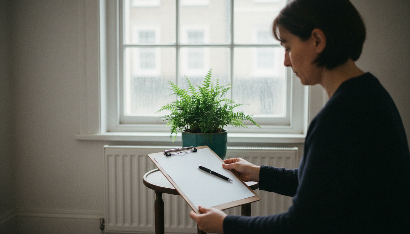 A woman sits by a sash window holding a blank form on a wooden clipboard near a potted plant on a side table.