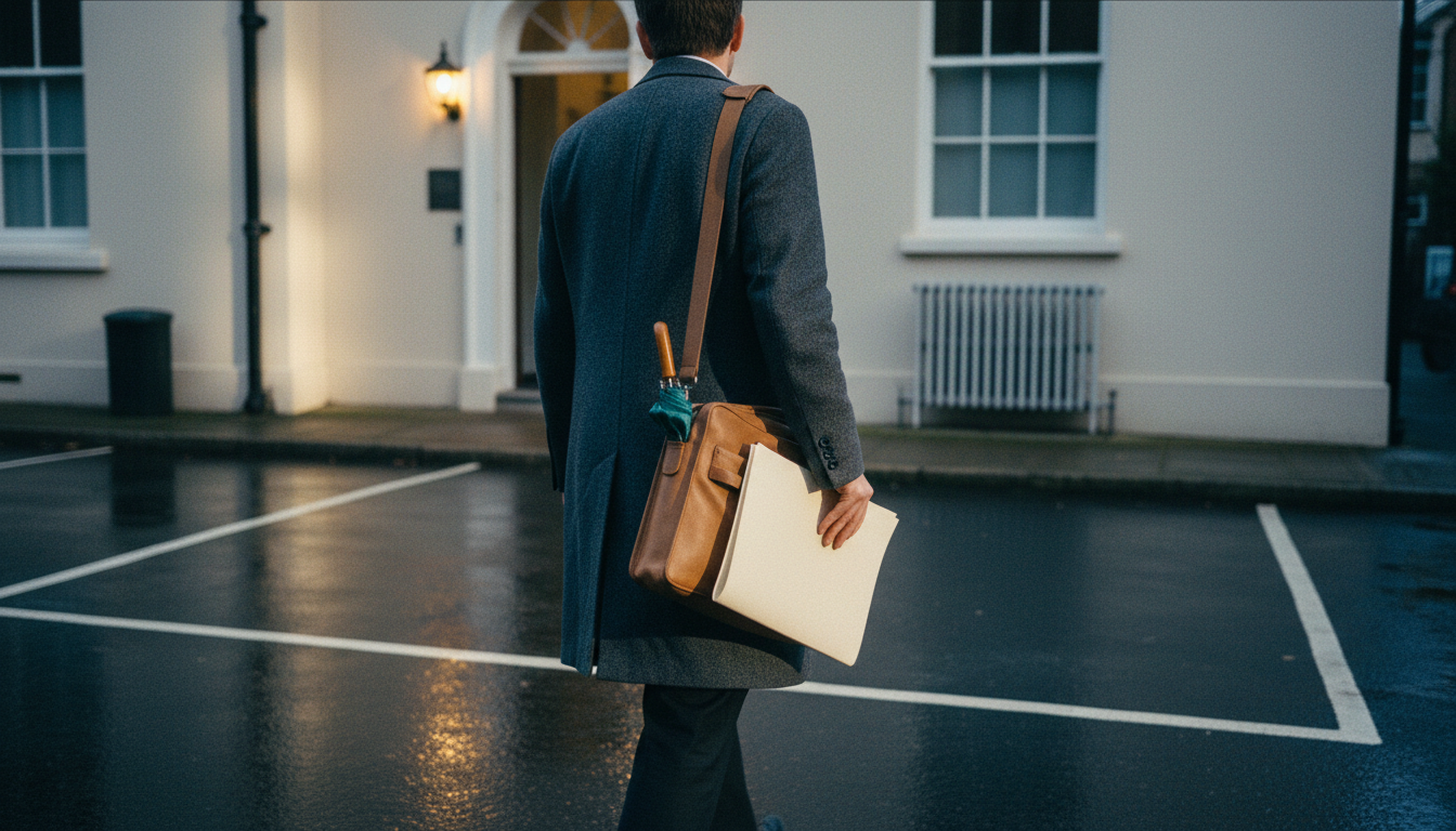 A consultant in an overcoat walks across a wet driveway toward a Georgian building, carrying a leather bag and a folder.