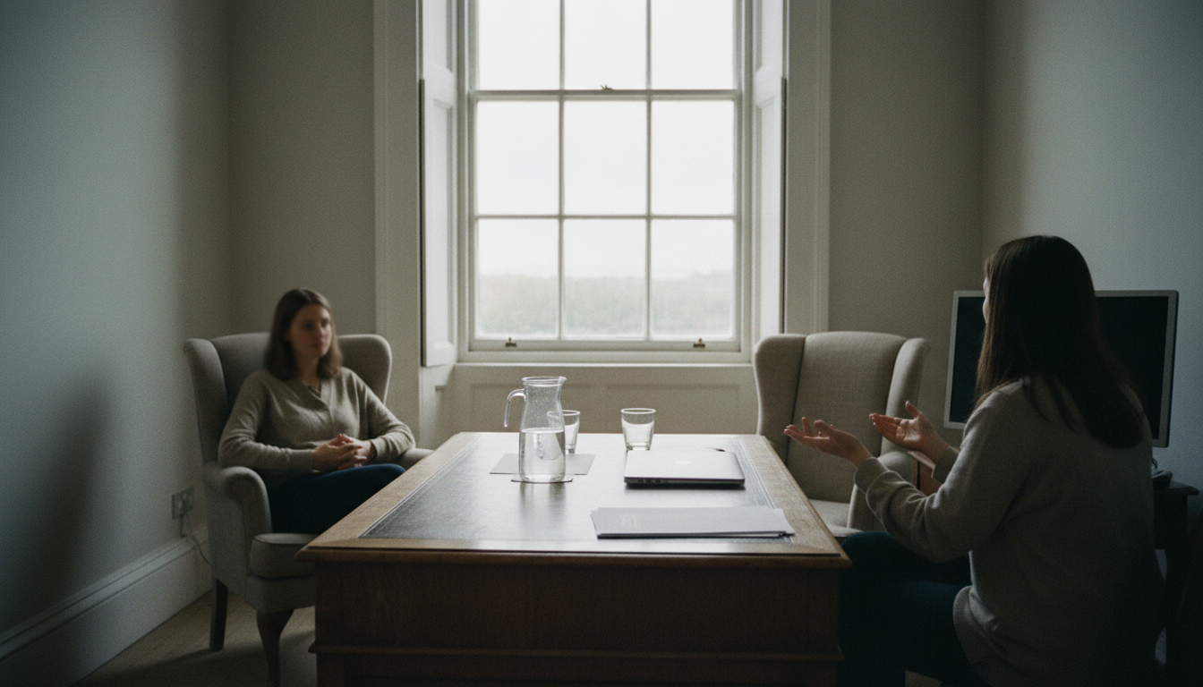 Two women sit at a wooden desk facing each other during a consultation in a quiet, naturally lit room with a large sash window.
