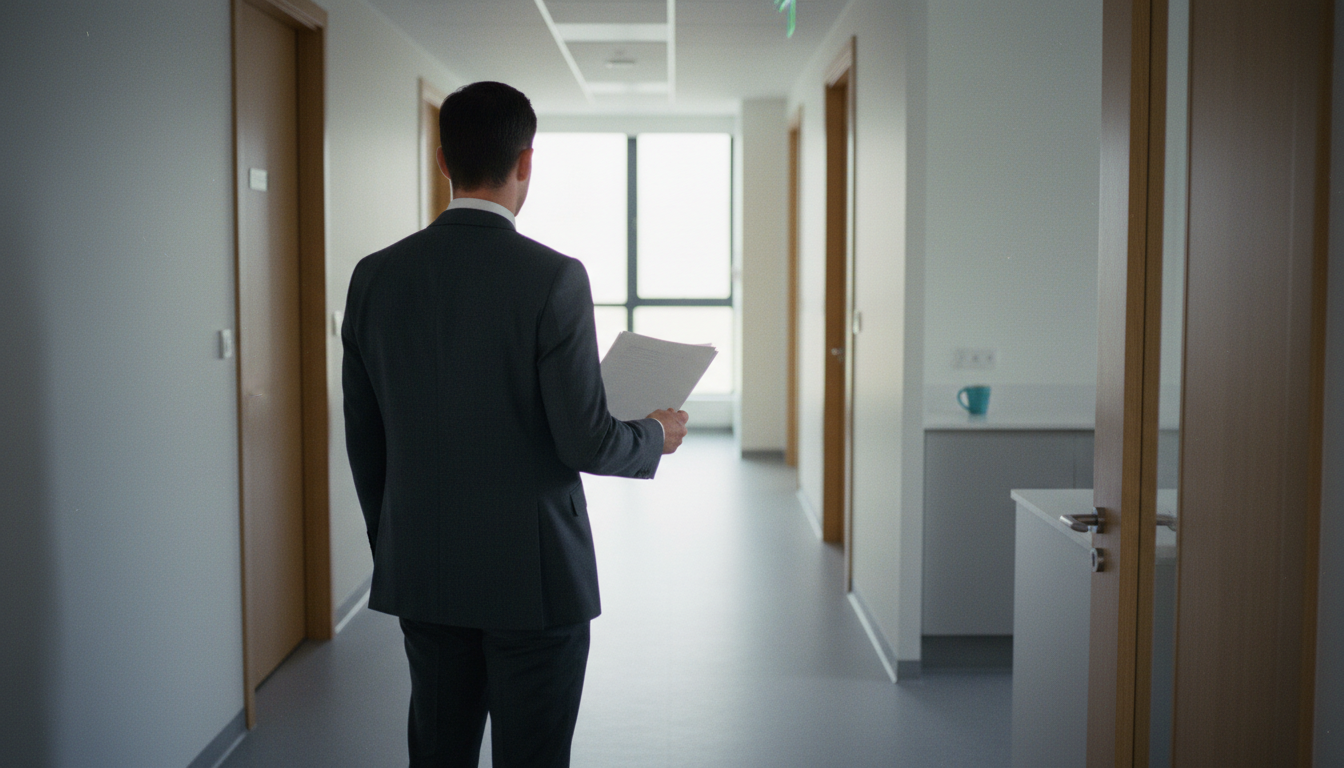 A man in a dark suit stands in a modern hospital corridor holding papers, viewed from behind.