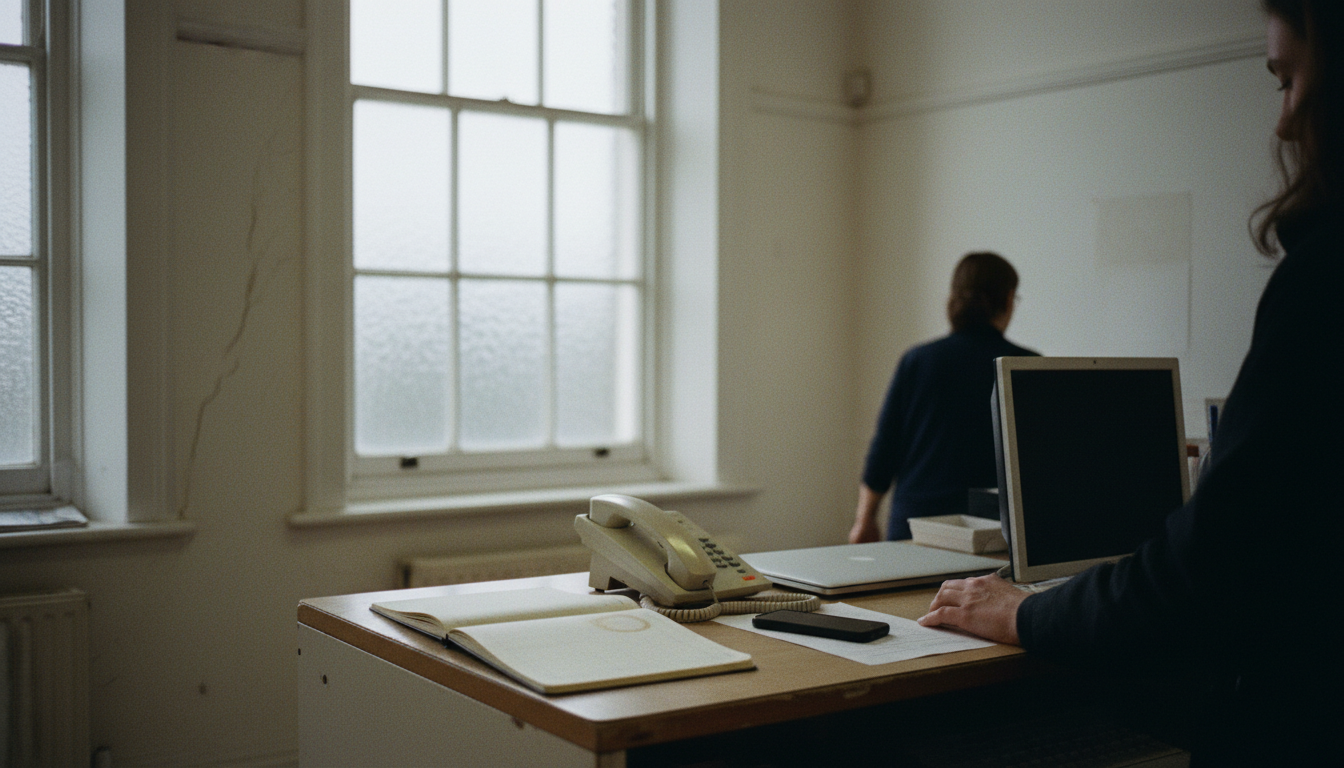 A clinic receptionist works at an office desk beside an open diary, landline phone, and window in overcast light.