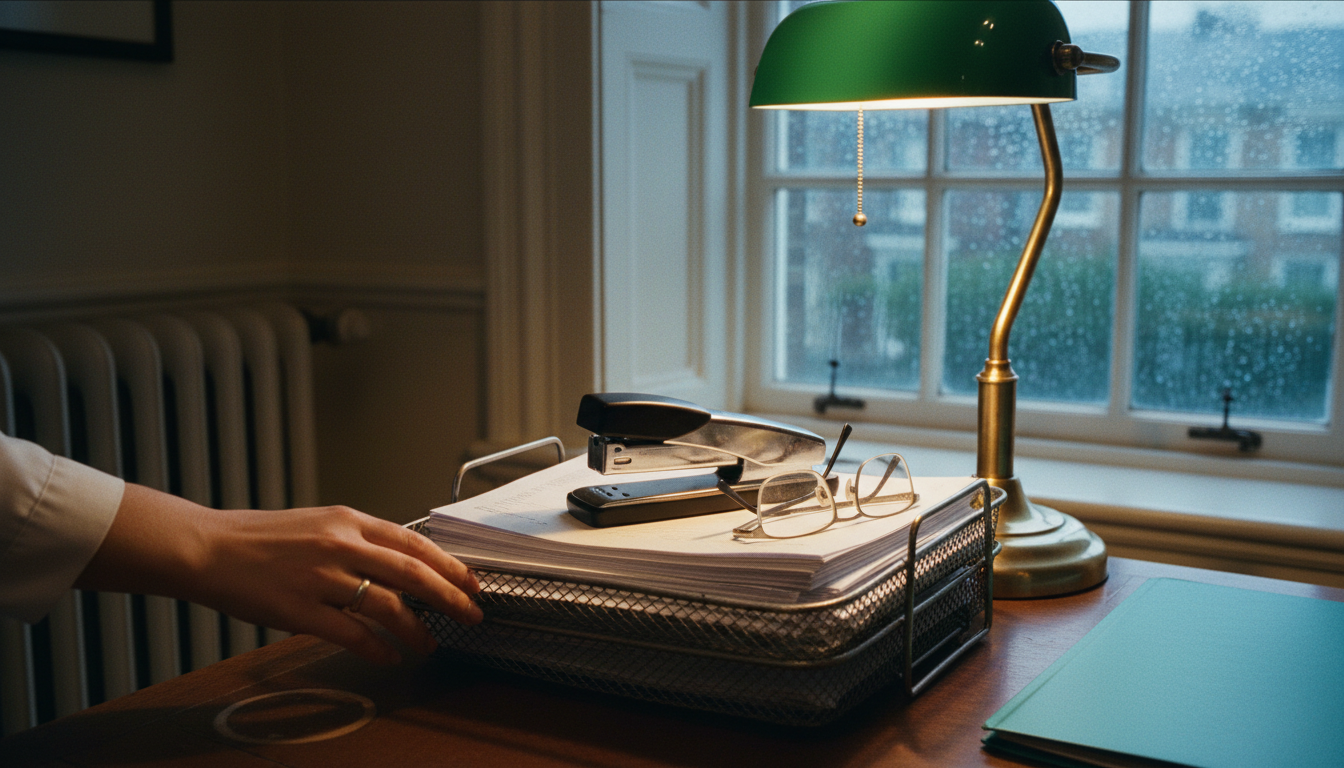 A hand reaches toward a wire tray filled with documents, a stapler, and glasses on a wooden desk lit by a green banker's lamp.