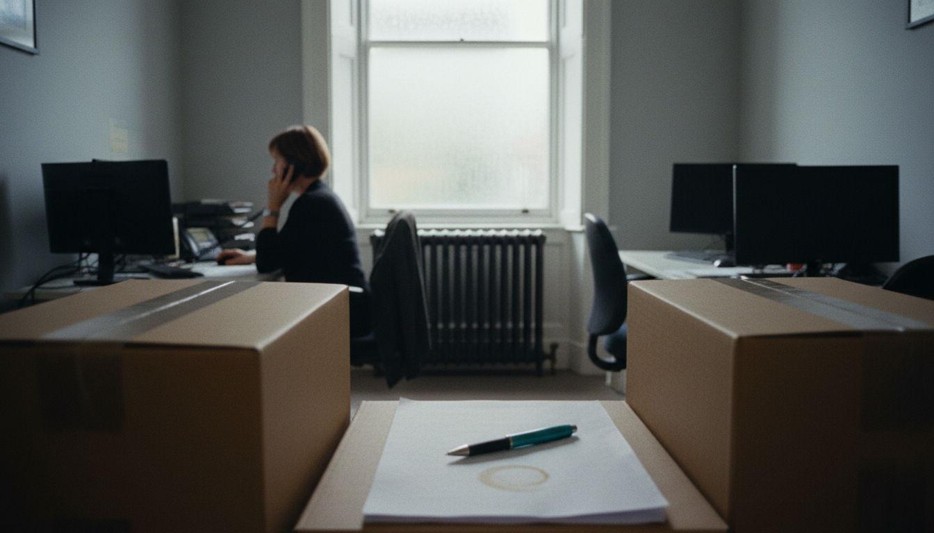 An office administrator works at a desk in a quiet billing office, seen from behind cardboard boxes in the foreground.