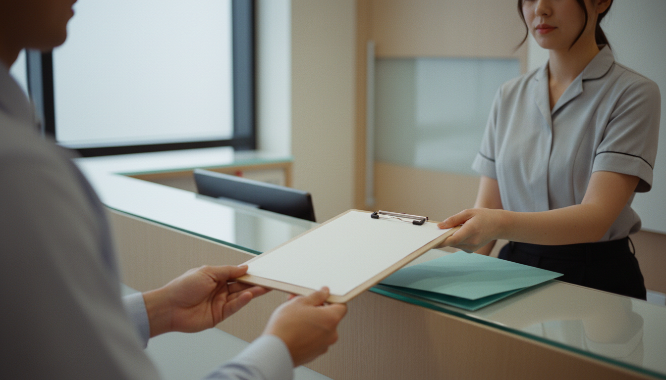 A clinician hands a clipboard with a blank sheet of paper across a modern reception counter to a receptionist.